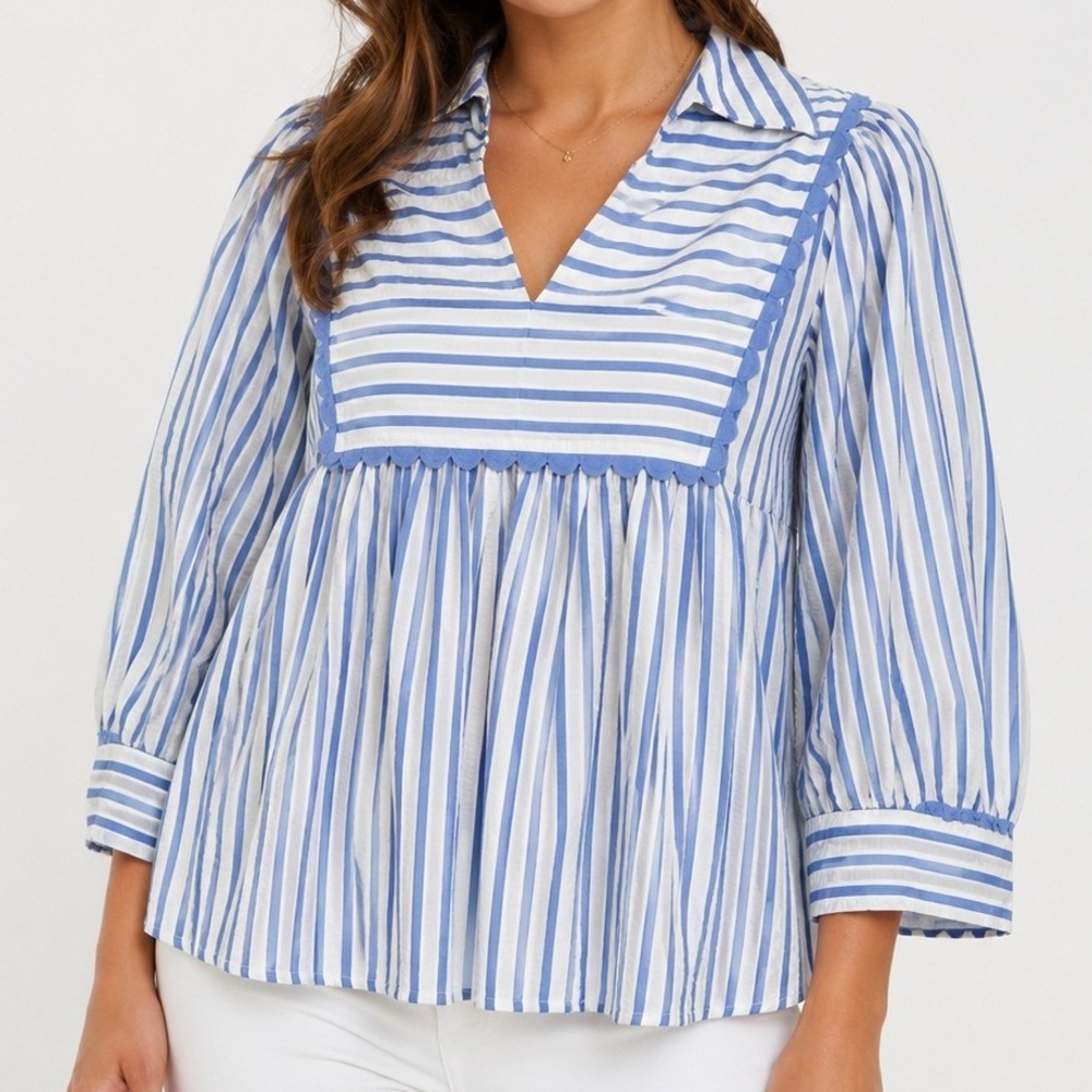 Entro Blue White Stripe Seersucker Ruffle V-Neck Puff Sleeve Top Womens‎ L NWOT